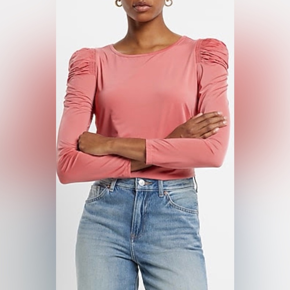 Express Coral Long Sleeve Top with Ruched Detail
